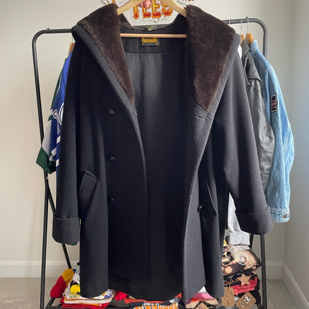 Rothschild Women's Black Pea Coat with Plush Brown Collar